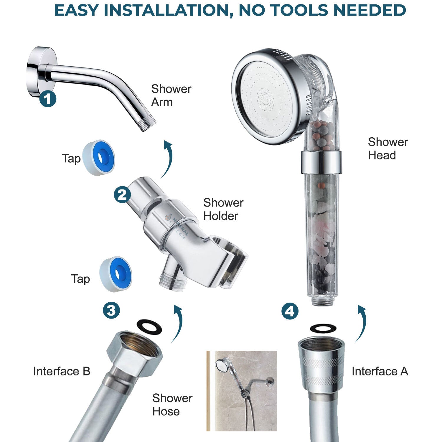 MineralStream Chakra shower head installation steps - tool-free setup