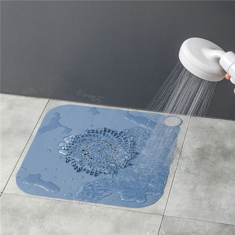 MineralStream Shower Drain Hair Catcher placed over a shower drain