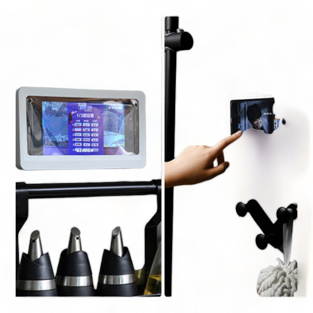 MineralStream Waterproof Phone Holder For Wall holding a phone with touchscreen visible through the sealed cover