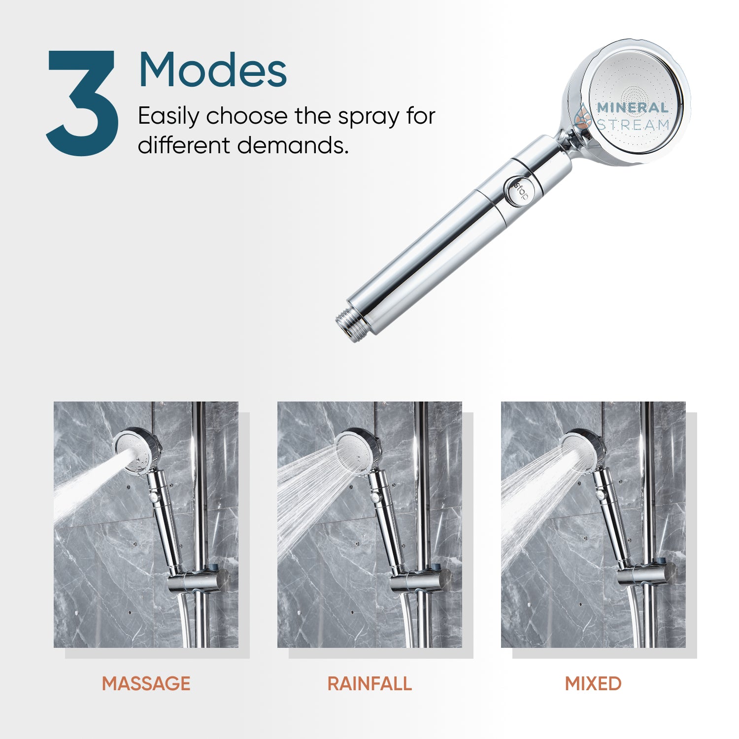 MineralStream 3.0 shower head transparent handle showing triple Germanium mineral stones