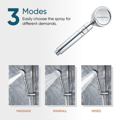 MineralStream 3.0 shower head transparent handle showing triple Germanium mineral stones