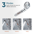 MineralStream Ionic Shower Head 2.0 showing the transparent handle with mineral filtration beads