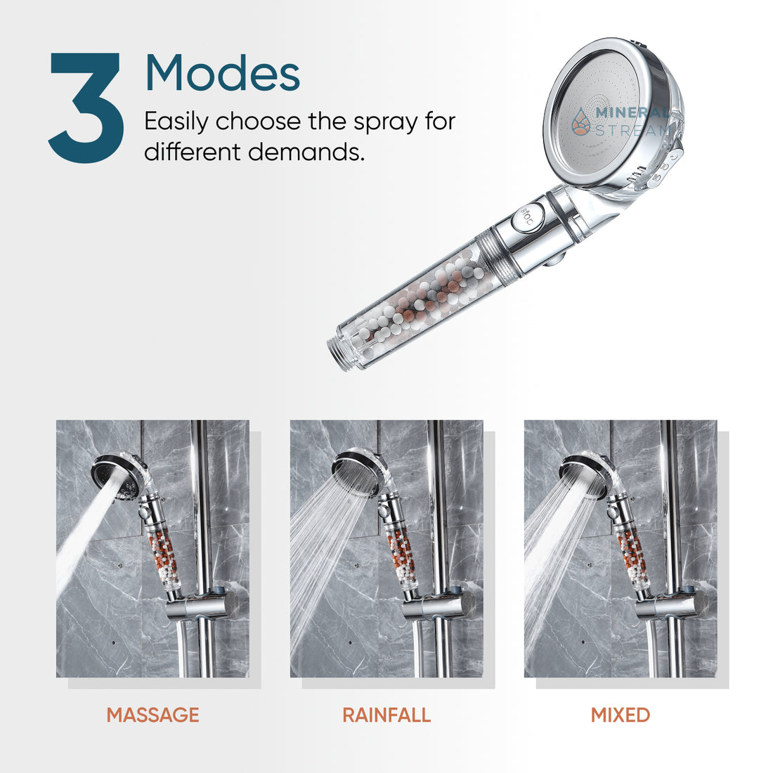 MineralStream Ionic Shower Head 2.0 showing the transparent handle with mineral filtration beads