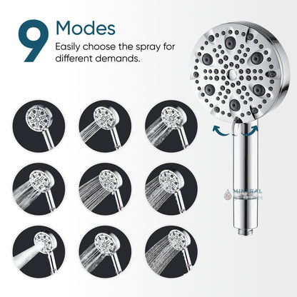 MineralStream Luxe 9 Mode Showerhead showing 3-Stone Germanium mineral beads in transparent handle