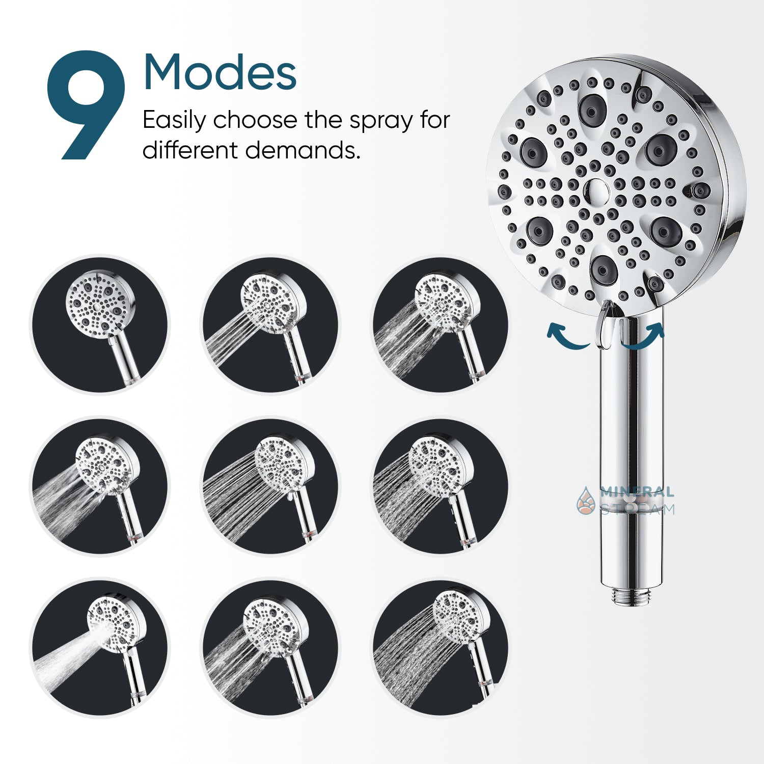 MineralStream Luxe 9 Mode Showerhead showing 3-Stone Germanium mineral beads in transparent handle