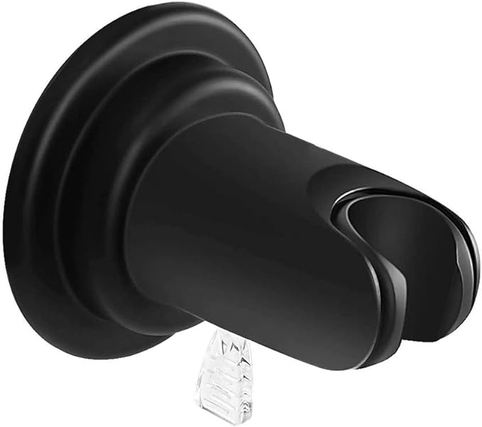 Adjustable Suction Showerhead Holder in black mounted on shower wall