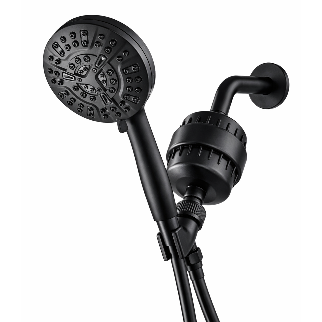 Luxe 10 Mode Showerhead Complete Shower Kit in black showing all included parts