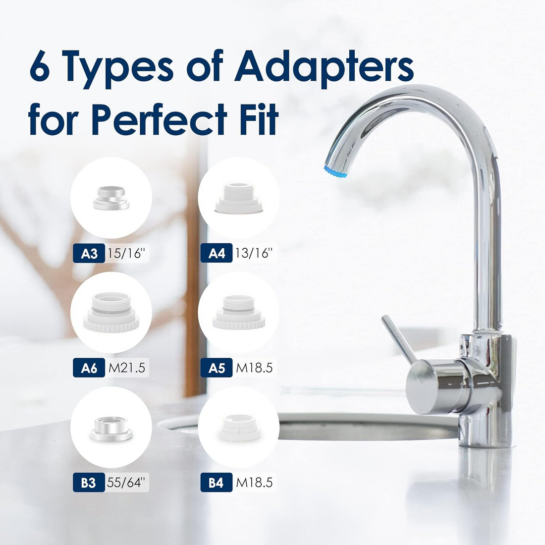 Advanced Faucet Water Filter showing the 6 included universal faucet adapters