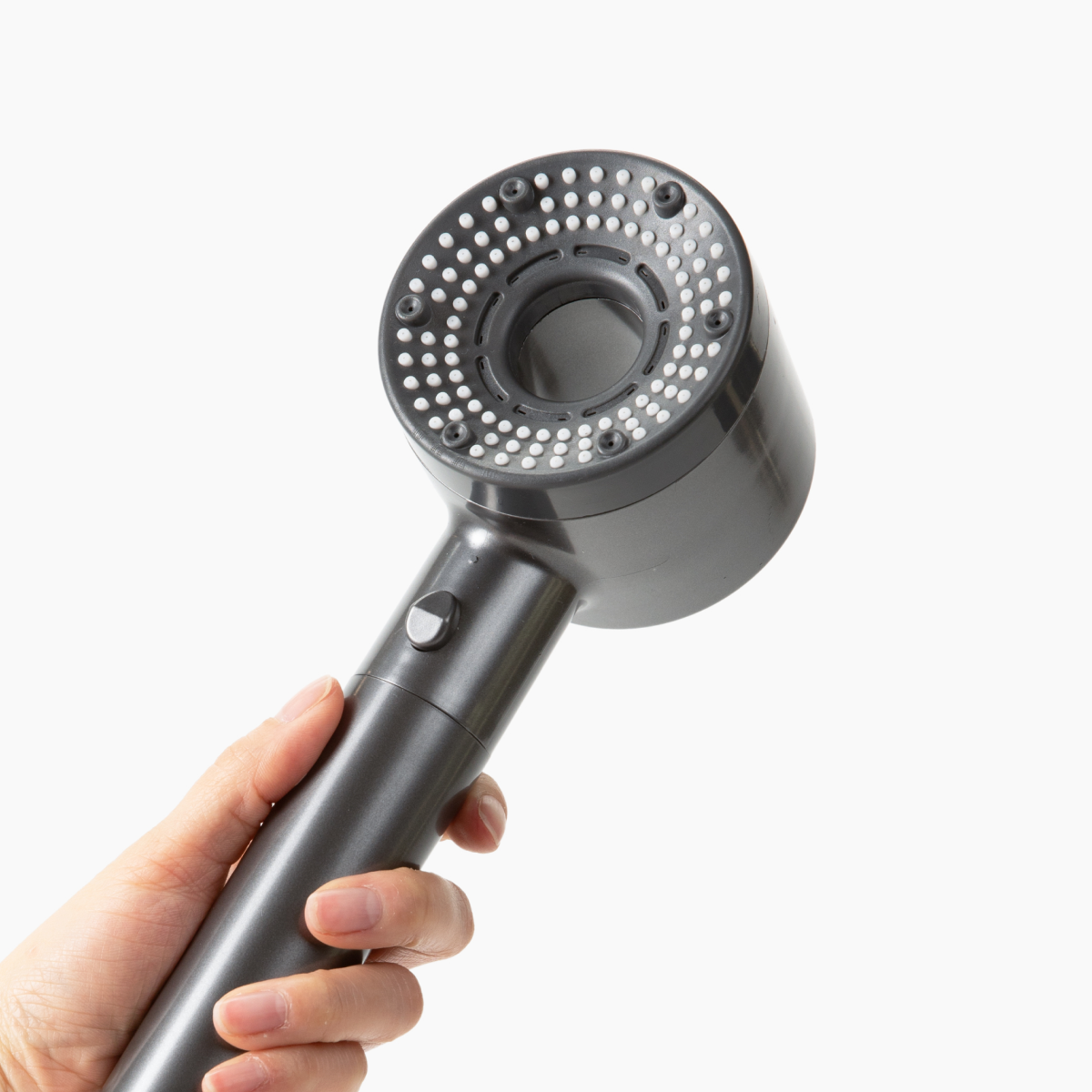 Hey Pure Filtered Shower Head in black, handheld filtered shower head front view