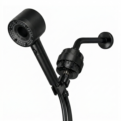 Hey Pure Filtered Shower Head complete kit in black with hose and bracket